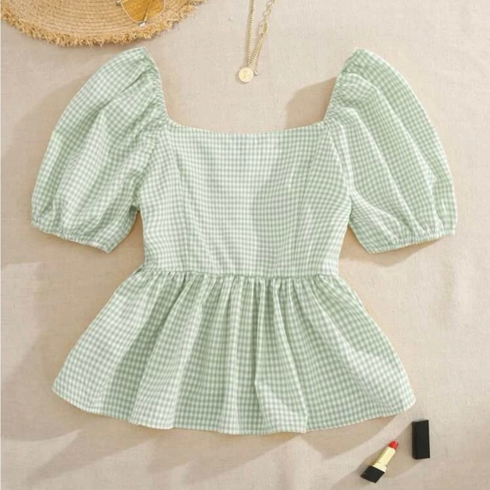 Puff Sleeve Ruffle Hem Gingham Blouse